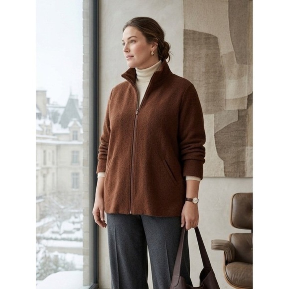 Eileen Fisher Brown Italian‎ Wool Full Zip Funnel Neck Coat 2X Quiet Luxury